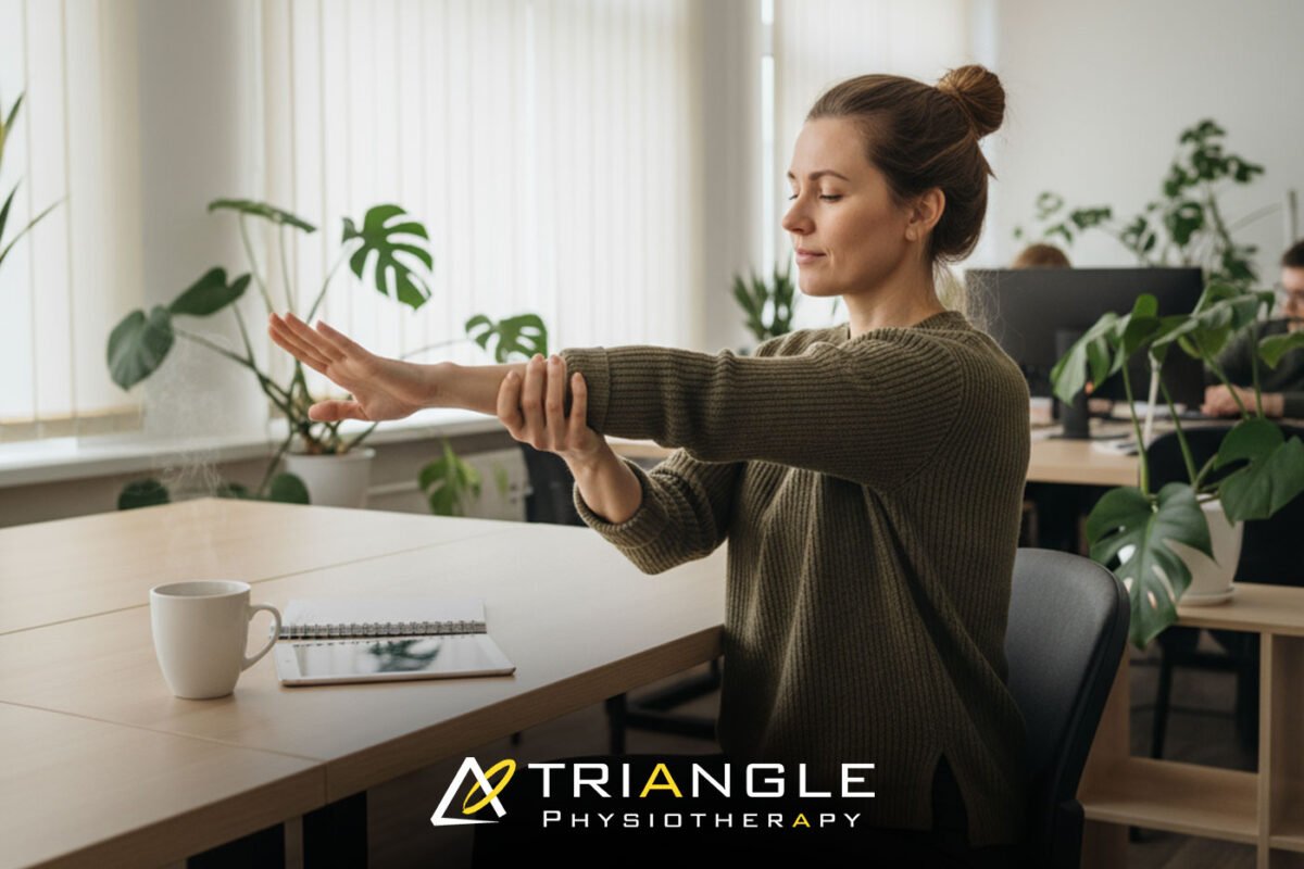 Physiotherapist demonstrating ulnar nerve entrapment exercises for desk job workers